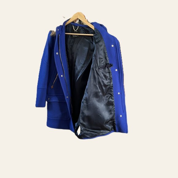 J.Crew Italian Stadium Cloth Wool Blend Hooded Coat Blue Faux Fur Trim Sz 8 - Picture 4 of 10